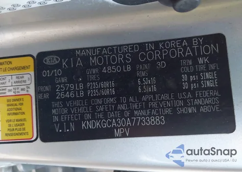 2010 Kia Sportage Lx V6 из США, поврежденный, VIN KNDKGCA30A7733883